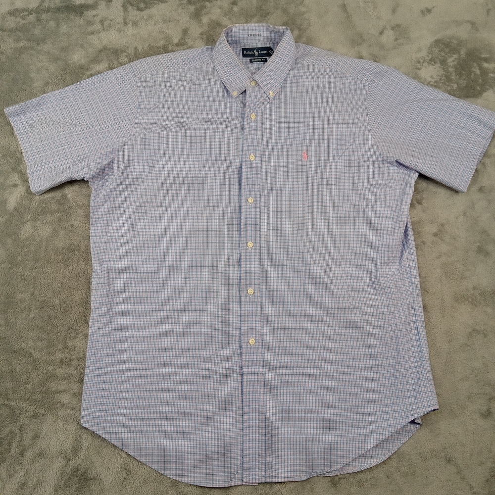 Ralph Lauren Men's Pink and Blue Plaid Short Sleeve Shirt Size L